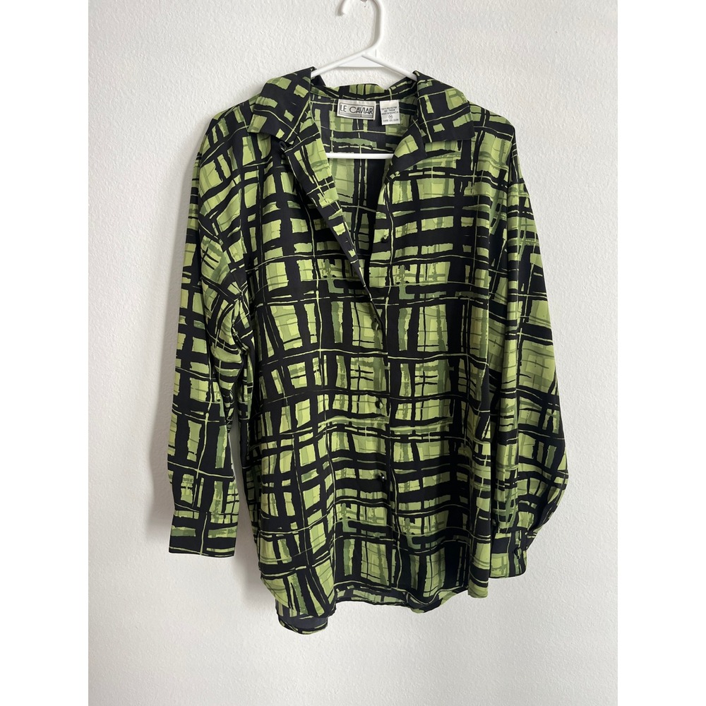 Le Caviar Green Black Abstract Grid Button Down Blouse Medium Long Sleeve Top